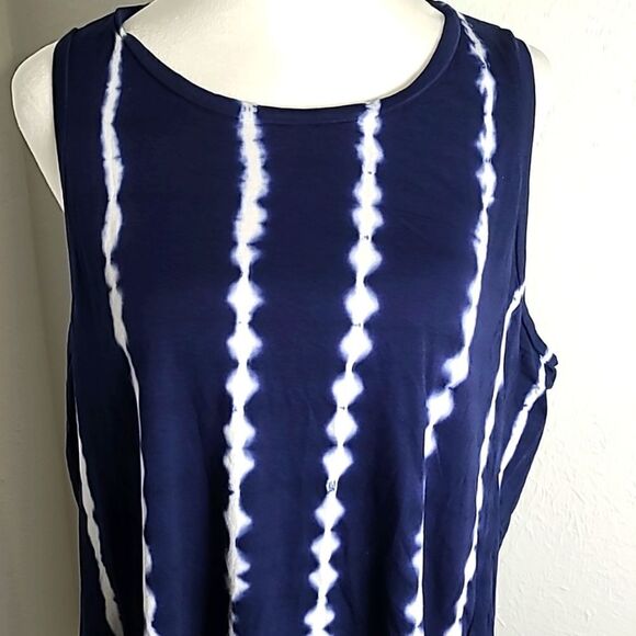 Chaps Aysemetrical Tie-dyed Top, Navy Blue with White Vertical Lines, Size XL - Picture 3 of 8